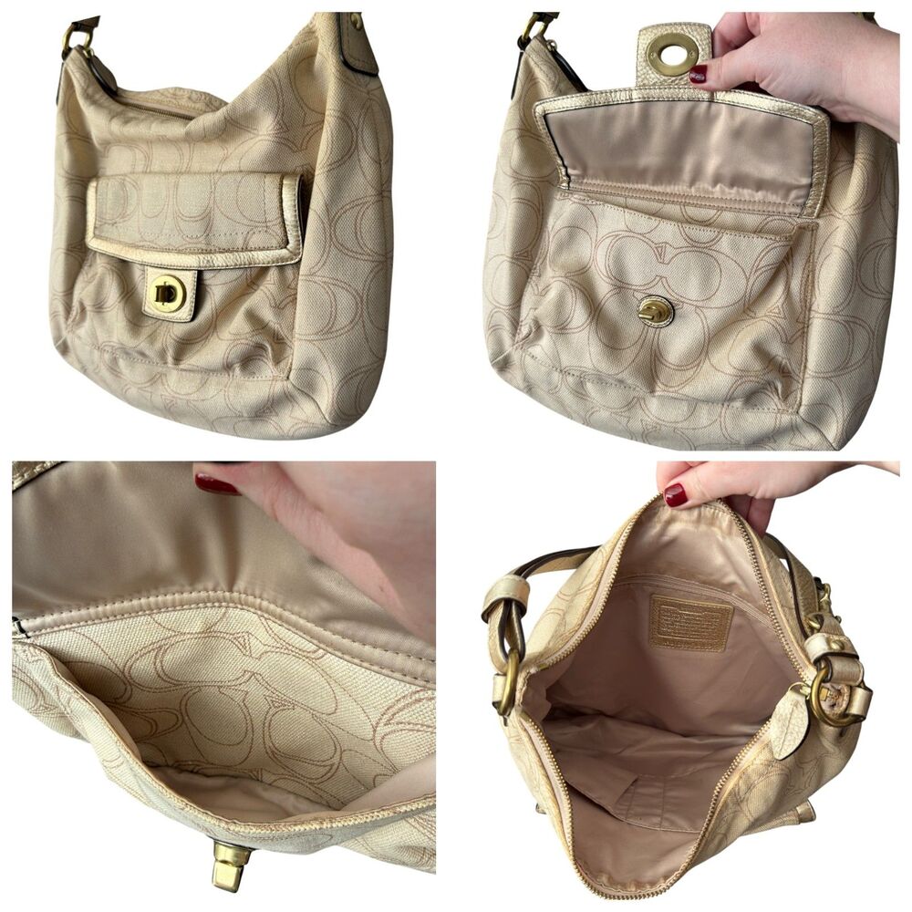 Coach Penelope Signature Linen Leather Hobo Shoulder Bag Crossbody F19189 Beige - Picture 3 of 9